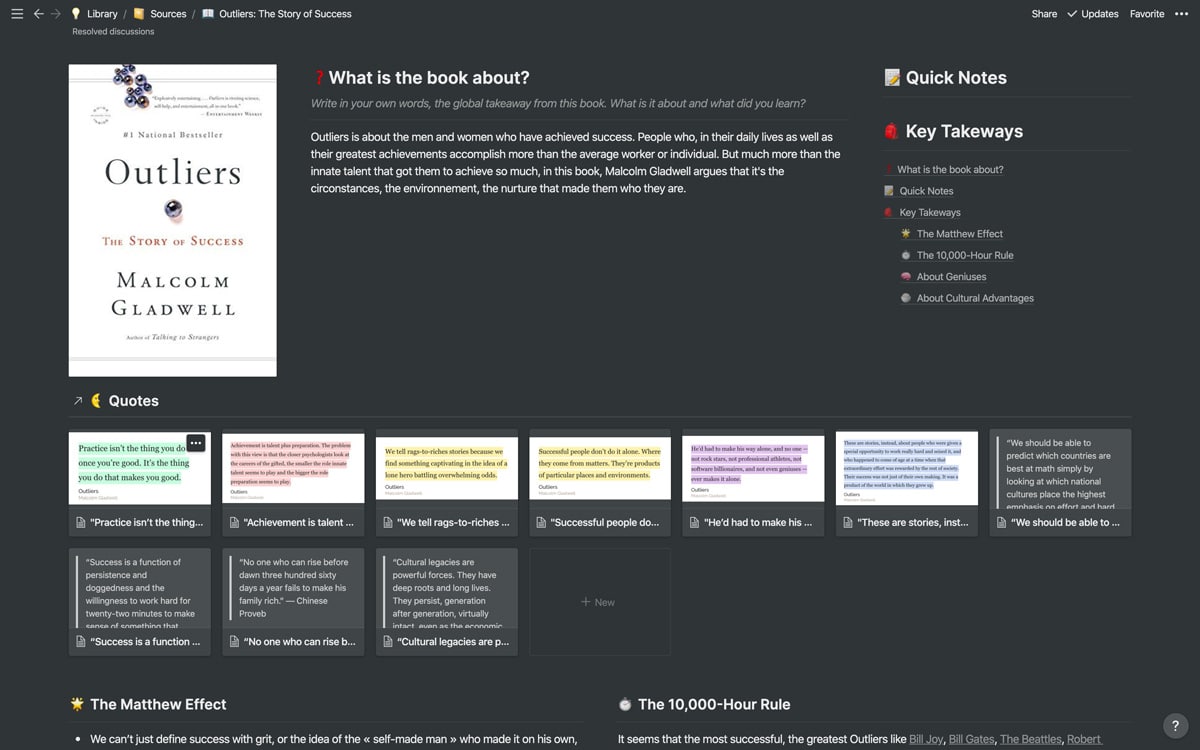 One of my "source" entry for the book Outliers by Malcolm Gladwell. The page contains: a cover of the book, texts including a summary written by me as well as the quotes from the books.