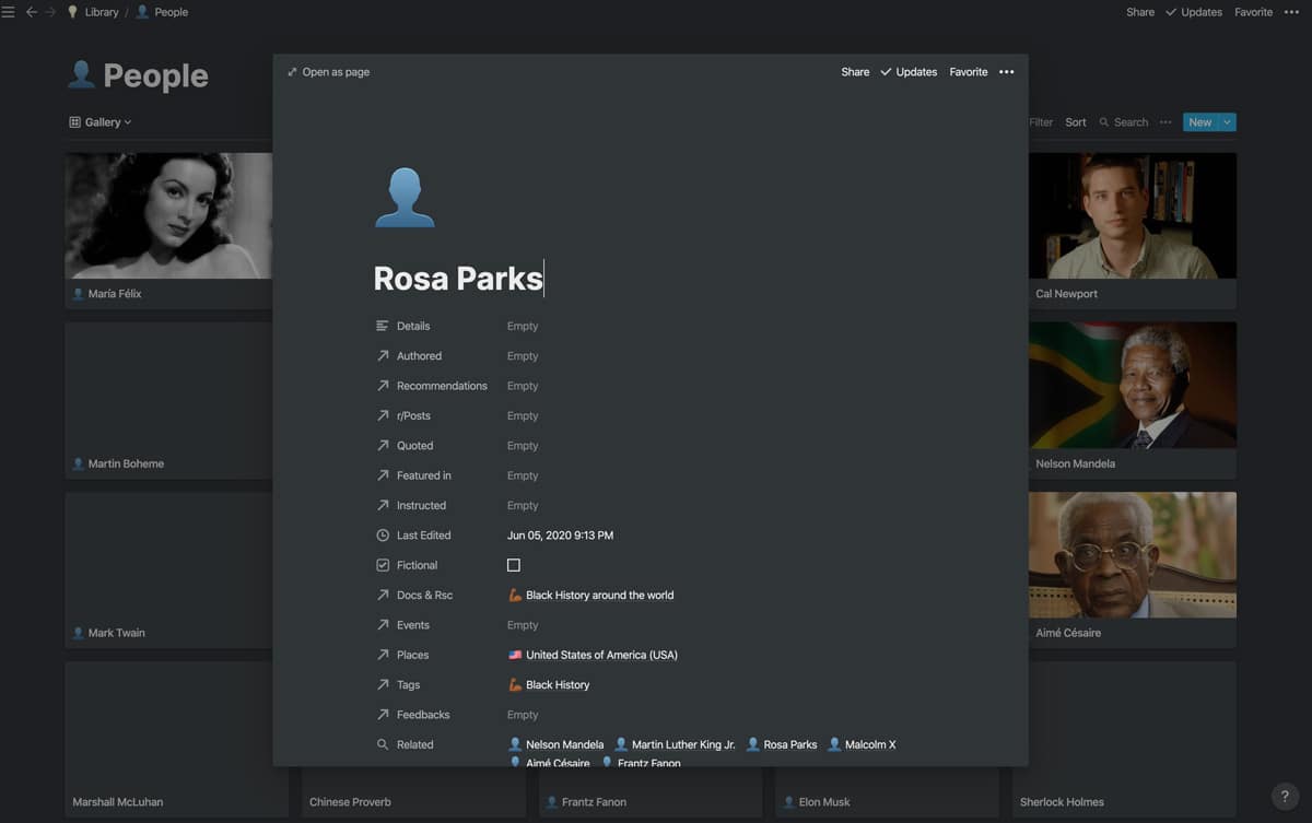 An example of a "People Database" entry with a page on Rosa Parks.