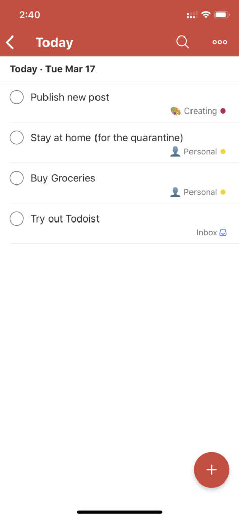 Screen capture of the To-Do List app Todoist with the "Today" view and dumb tasks.